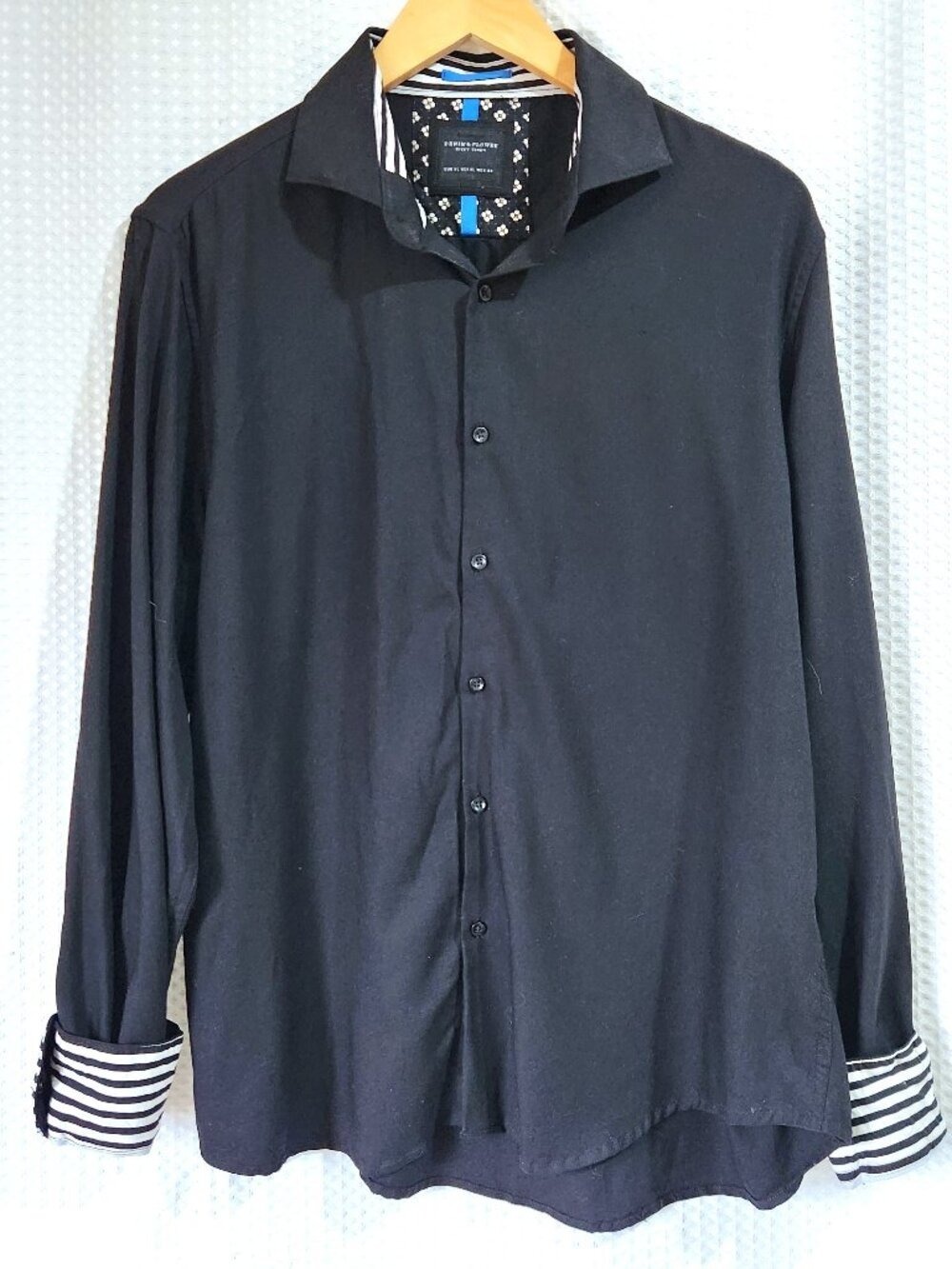 Denim Flower Men XL Black Stretch Button Up Shirt Floral Trim Contrast Cuff